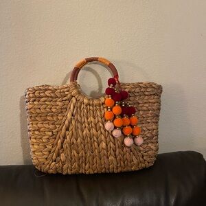 Vintage Tan Woven Bag with Colorful Pom Poms